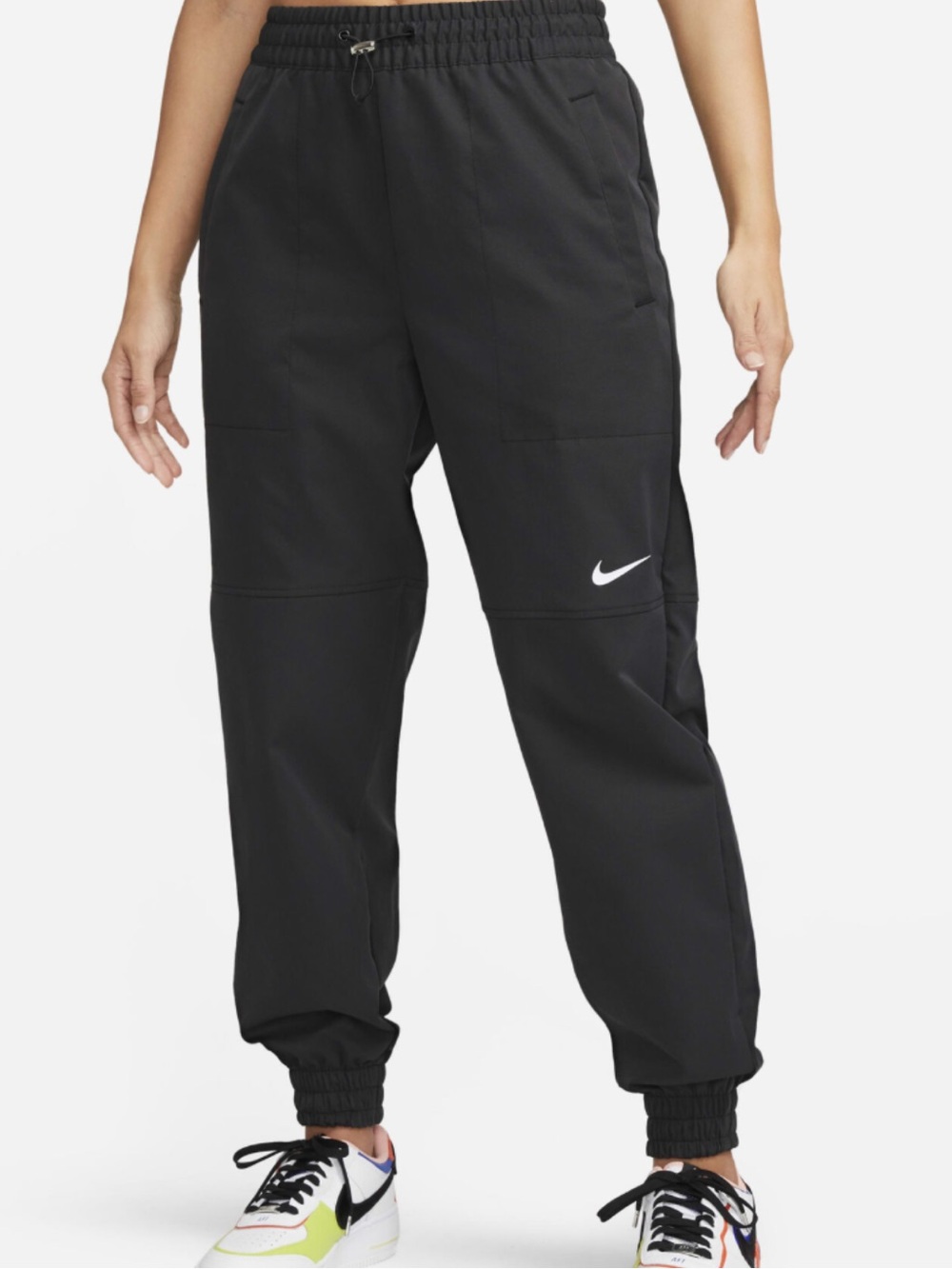 Nike Women’s FD1131-010 Black Jogger Pants with White Swoosh and elastic waist